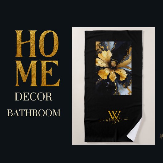 シックな抽象芸術ブラック金ゴールドフローラ ビーチタオル