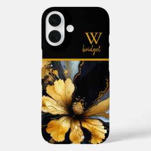 シックな抽象芸術ブラック金ゴールドフローラ iPhone 16ケース