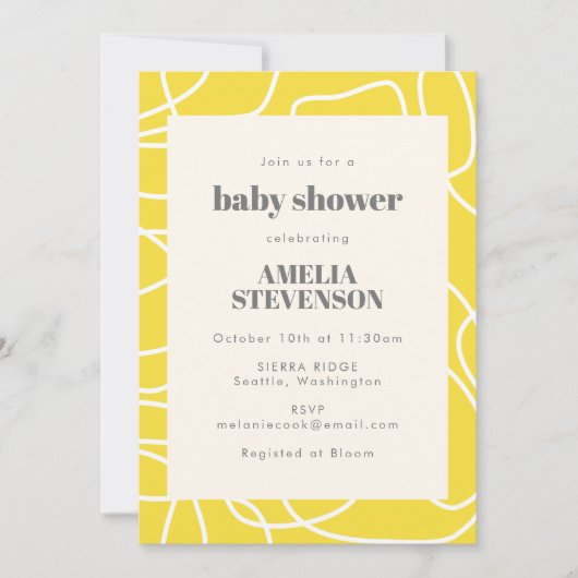 シックな抽象芸術モダンラインアートイエローベビーシャワー 招待状 (正面)