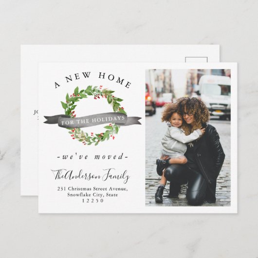 シックな新しいホームフォーザホリデーズリースフォトムービング 案内ポストカード (正面/裏面)