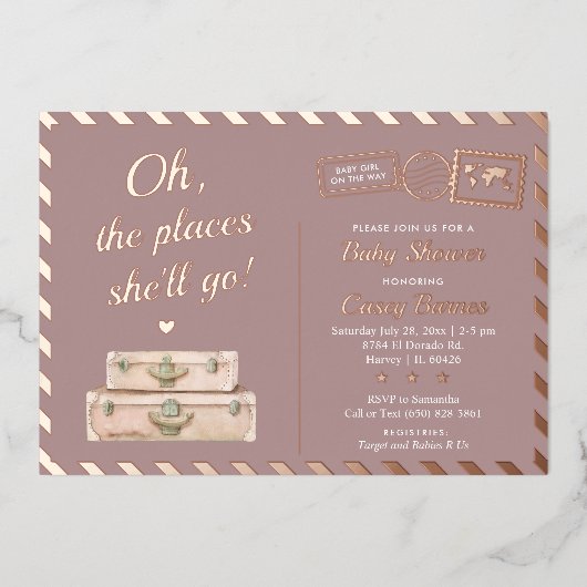 シックな旅行バラ金ゴールドがベビーシャワーに行く 箔招待状 (正面)