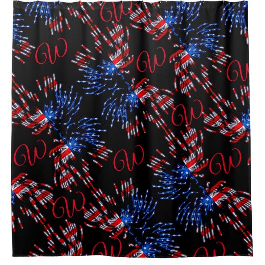 シックな旗花火赤モノグラムシャワーカーテン シャワーカーテン (正面)