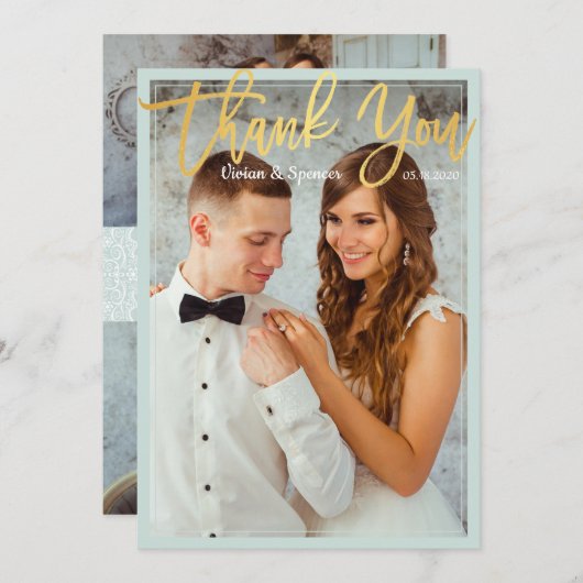 シックな明るいミントフェイク金ゴールドスクリプト写真ありがとう サンキューカード (正面/裏面)