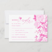 シックな明るい赤紫色チノイスリーバードピーニーウェディングRSVP カード (正面)