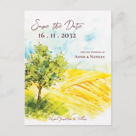 シックな明るい黄色の農地の風景結婚の数 案内ポストカード (正面)