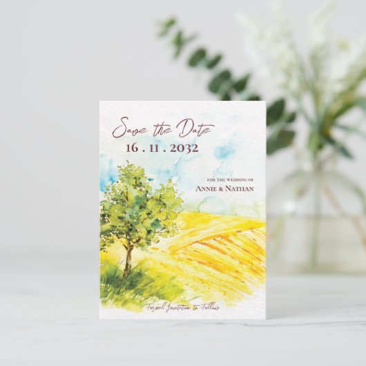 シックな明るい黄色の農地の風景結婚の数 案内ポストカード (スタンド正面)