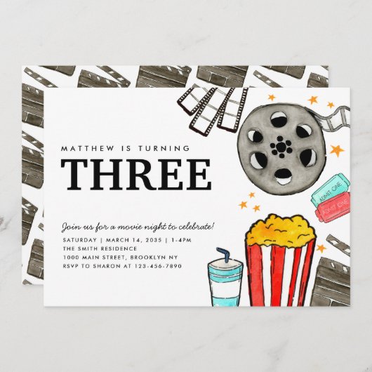 シックな映画ナイトシネマウォッチパーティー子供の誕生日 招待状 (正面/裏面)