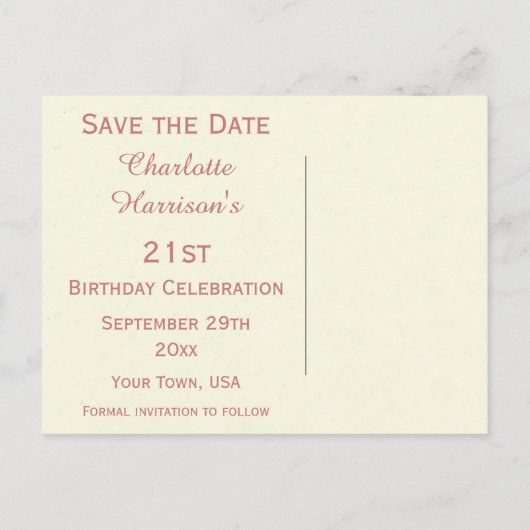 シックな春の花21st誕生日の日付を保存 案内ポストカード (裏面)