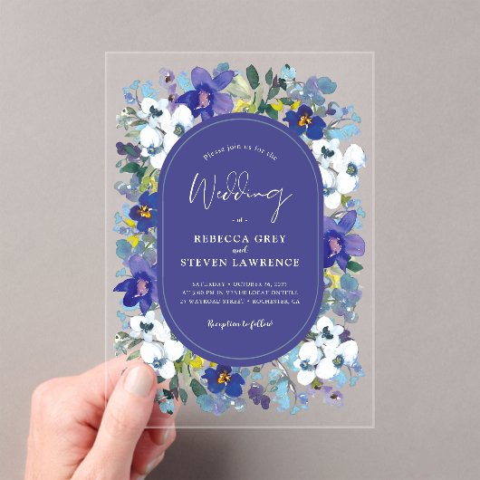 シックな春ほこりっぽいブルーダークパープル結婚フローラ アクリル招待状 (インサイチュ (ポータブル))