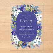 シックな春ほこりっぽいブルーダークパープル結婚フローラ アクリル招待状 (正面)