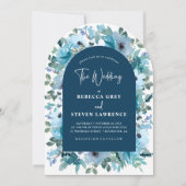 シックな春ほこりっぽい青い白い花模様結婚ズアーチ 招待状 (正面)