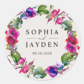 シックな春ピンクパープルウォーターフローラ結婚ズ ラウンドシール (正面)