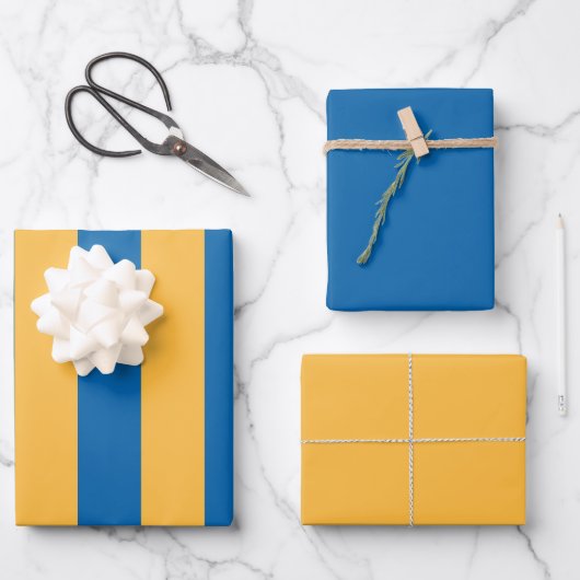 シックな暖かい黄色と青のパターストライプのン ラッピングペーパーシート (正面)