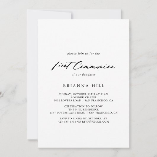 シックな書エレガント道の第一聖餐式 招待状 (正面)