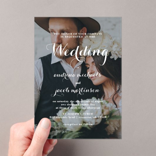 シックな書クラシック跡の写真結婚の アクリル招待状 (インサイチュ (ポータブル))