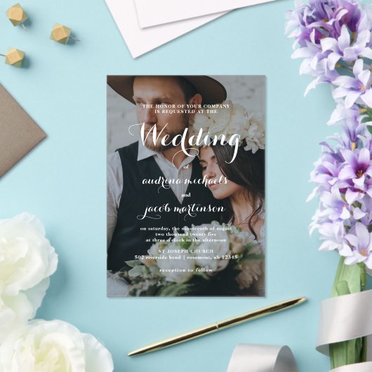 シックな書クラシック跡の写真結婚の アクリル招待状 (インサイチュ (ウェディング))