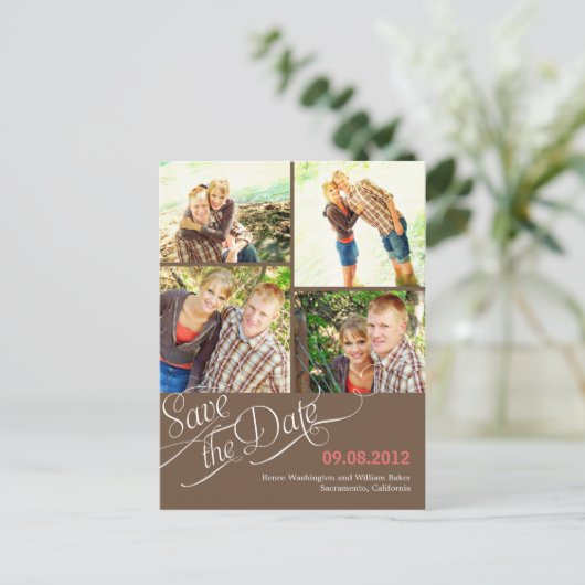 シックな書道の日付はがきを保存する – 茶色 案内ポストカード (スタンド正面)