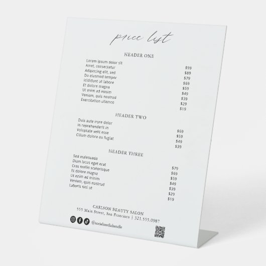 シックな書道シンプルのエレガント料金表 台座サイン (正面)