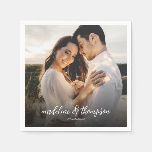 シックな書道ホワイトオーバーレイ文字写真結婚ズ スタンダードカクテルナプキン (正面)