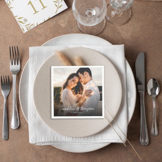 シックな書道ホワイトオーバーレイ文字写真結婚ズ スタンダードカクテルナプキン