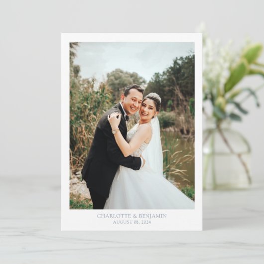 シックな書道埃っぽい青い台本の写真結婚の写真 サンキューカード (スタンド正面)