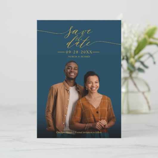 シックな書道結婚式の日付写真を保存 招待状 (スタンド正面)