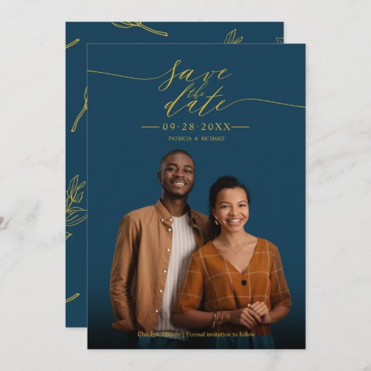 シックな書道結婚式の日付写真を保存 招待状 (正面/裏面)