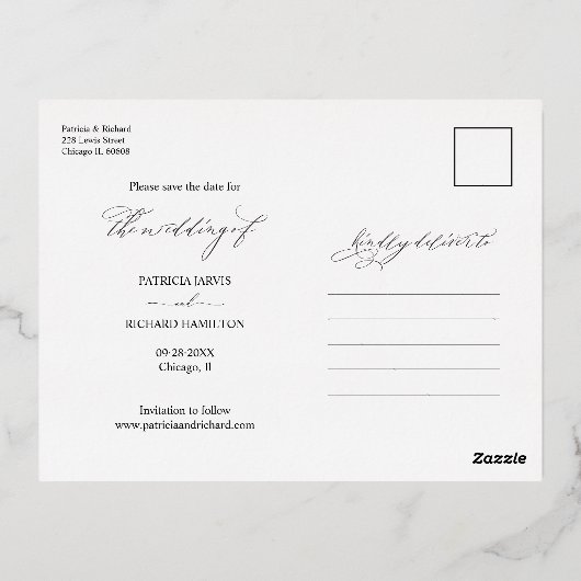 シックな書道結婚式の日付写真を保存 箔シーズンポストカード (裏面)