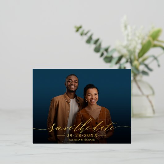 シックな書道結婚式の日付写真を保存 箔シーズンポストカード (立ち正面)