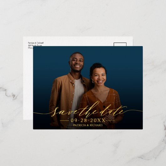 シックな書道結婚式の日付写真を保存 箔シーズンポストカード (正面/裏面)