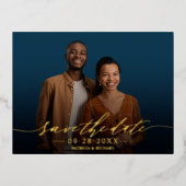 シックな書道結婚式の日付写真を保存 箔シーズンポストカード (正面)