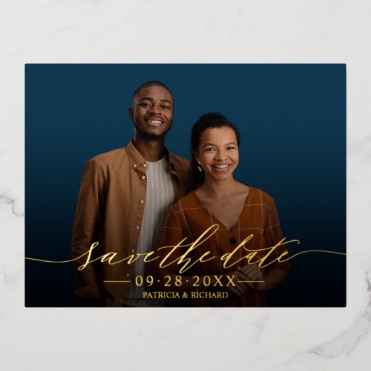 シックな書道結婚式の日付写真を保存 箔シーズンポストカード (正面)