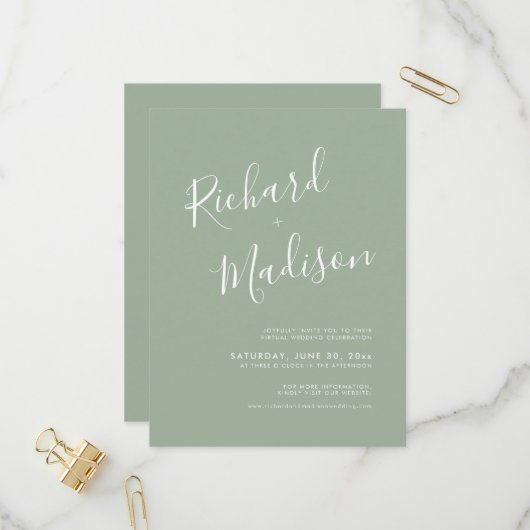 シックな書道Sageグリーンフォトバーチャル結婚ズ インビテーションポストカード (正面/裏面インサイチュ)