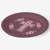 シックな最初の聖体拝領ガールピンクフラワークロス ペーパープレート (アングル)