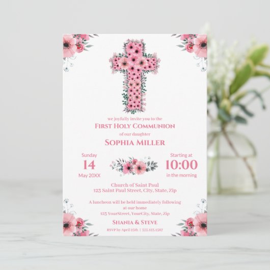 シックな最初の聖体拝領ガールピンクフラワークロスI 招待状 (スタンド正面)