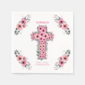 シックな最初の聖体拝領クロスガールピンクの花 スタンダードカクテルナプキン (正面)
