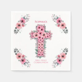 シックな最初の聖体拝領クロスガールピンクの花 スタンダードカクテルナプキン