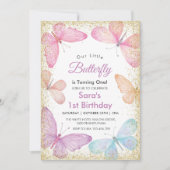 シックな最初の1番目の誕生日グリッターバタフカラフルロー 招待状 (正面)