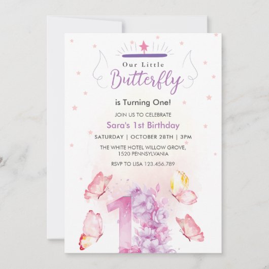 シックな最初の1番目の誕生日パープルフローラ&バタフライ 招待状 (正面)
