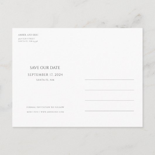 シックな最小主義のモダンな写真の結婚式の保存日付 案内ポストカード (裏面)