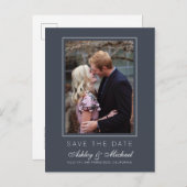 シックな木炭ブルー日付を保存婚約写真 案内ポストカード (正面/裏面)