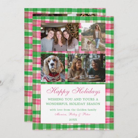 シックな格子模様のカスタムクリスマス9フォトコラージピンク シーズンカード (正面/裏面)