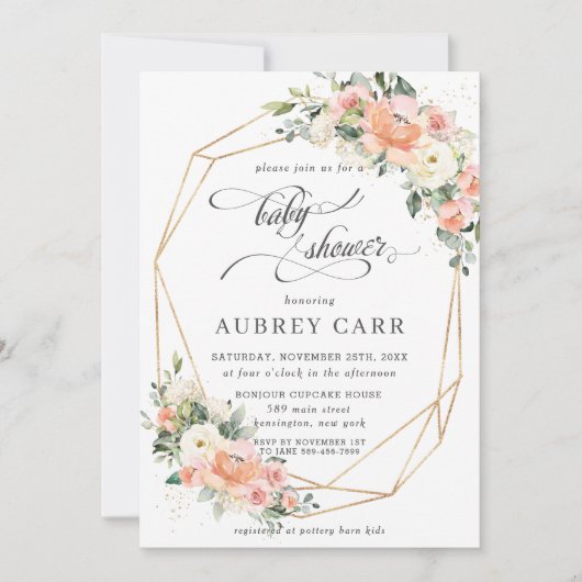 シックな桃のアイボリーピンクのフローラベビーシャワージオメトリック 招待状 (正面)