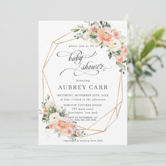 シックな桃のアイボリーピンクのフローラベビーシャワージオメトリック 招待状 (スタンド正面)