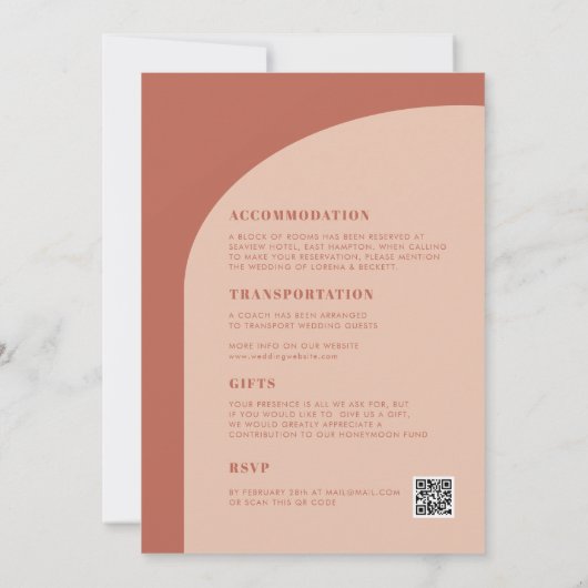 シックな桃のテラコッタアーチオールインワン結婚ズ 招待状 (裏面)