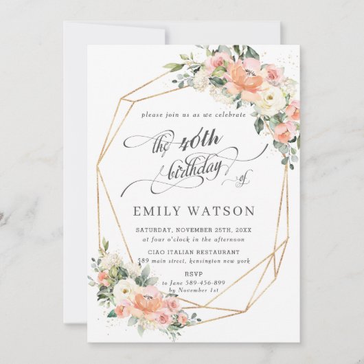 シックな桃アイボリーピンクフローラ誕生日幾何学的 招待状 (正面)