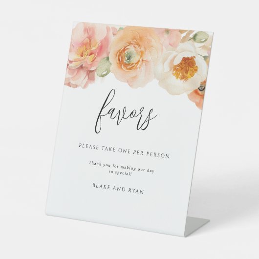 シックな桃フローラ結婚式の引き出物お願いテイクワン 台座サイン (正面)
