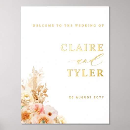シックな桃実在フローラホイルの結婚ウェルカムサイン 箔ポスター (正面)