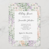 シックな桃薄紫ラベンダーフローラベビーシャワー 招待状 (正面/裏面)