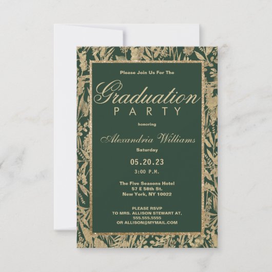 シックな森のグリーン金ゴールドグリッターフローラ卒業 招待状 (正面)